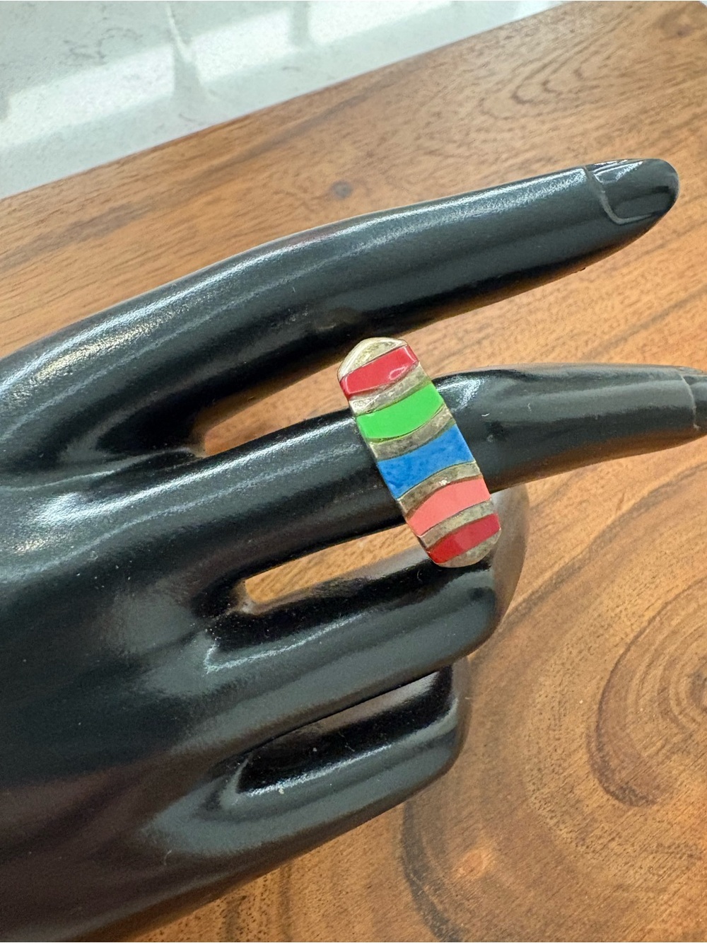 Vintage Colorful Sterling Silver With Striped Inlay Stones - Size 7.5 - Picture 2 of 14